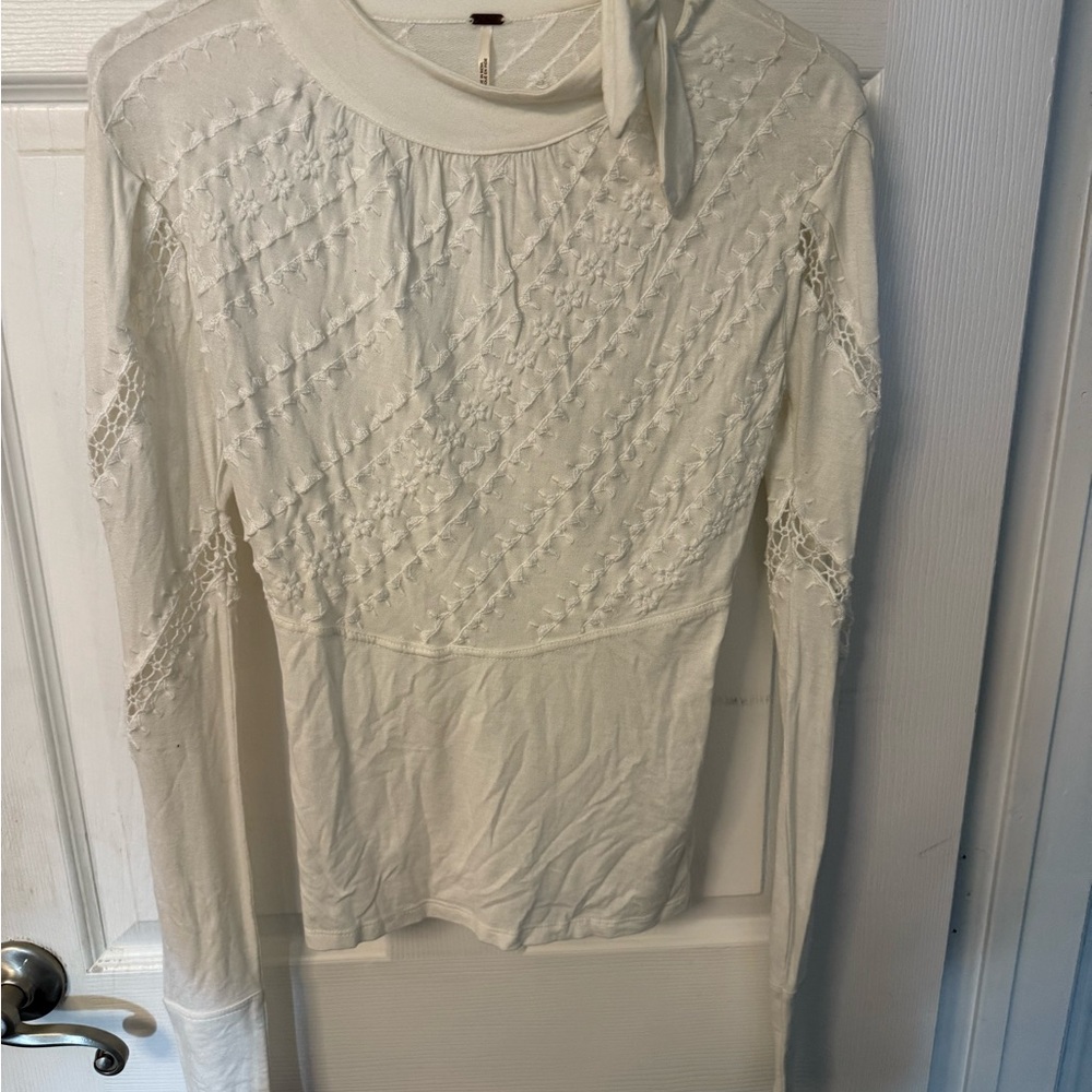 Free People Cream Textured Long Sleeve Blouse